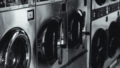 grayscale photo of washing machine