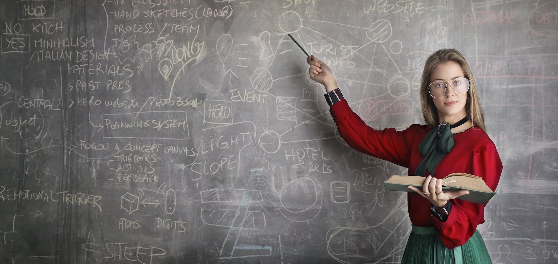 strict female teacher with book pointing at scribbled blackboard nformation