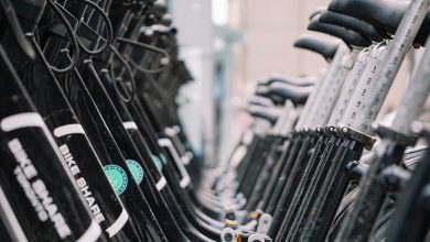 modern stationary bicycles in gym